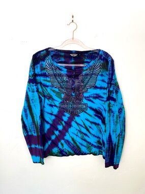Vintage Y2K Harley Davidson XL Long Sleeve Eagle Print 2002 Blue Purple Tie-Dye